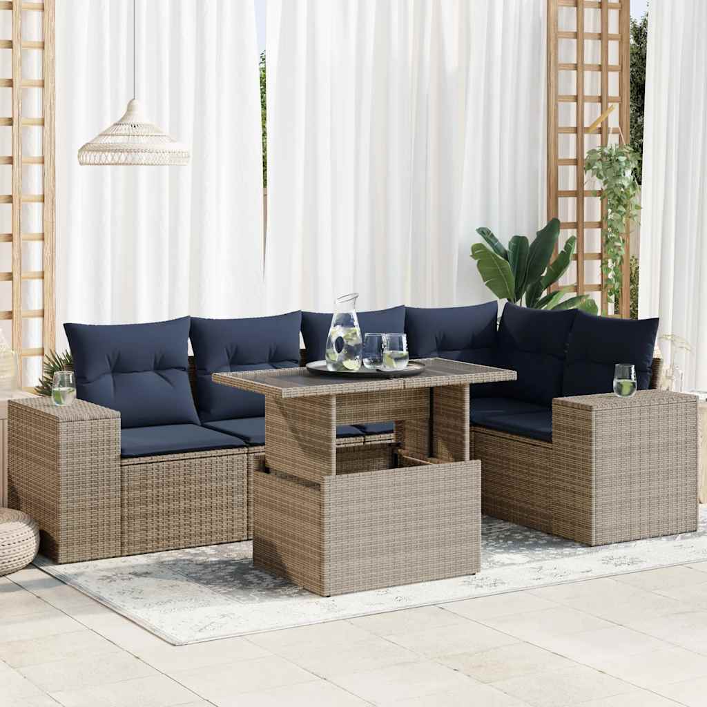 6 részes fekete polyrattan akácfa kerti ülőgarnitúra párnákkal