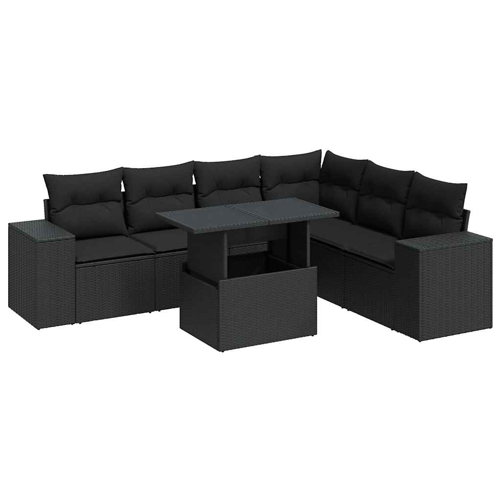 7 részes fekete polyrattan kerti ülőgarnitúra párnával