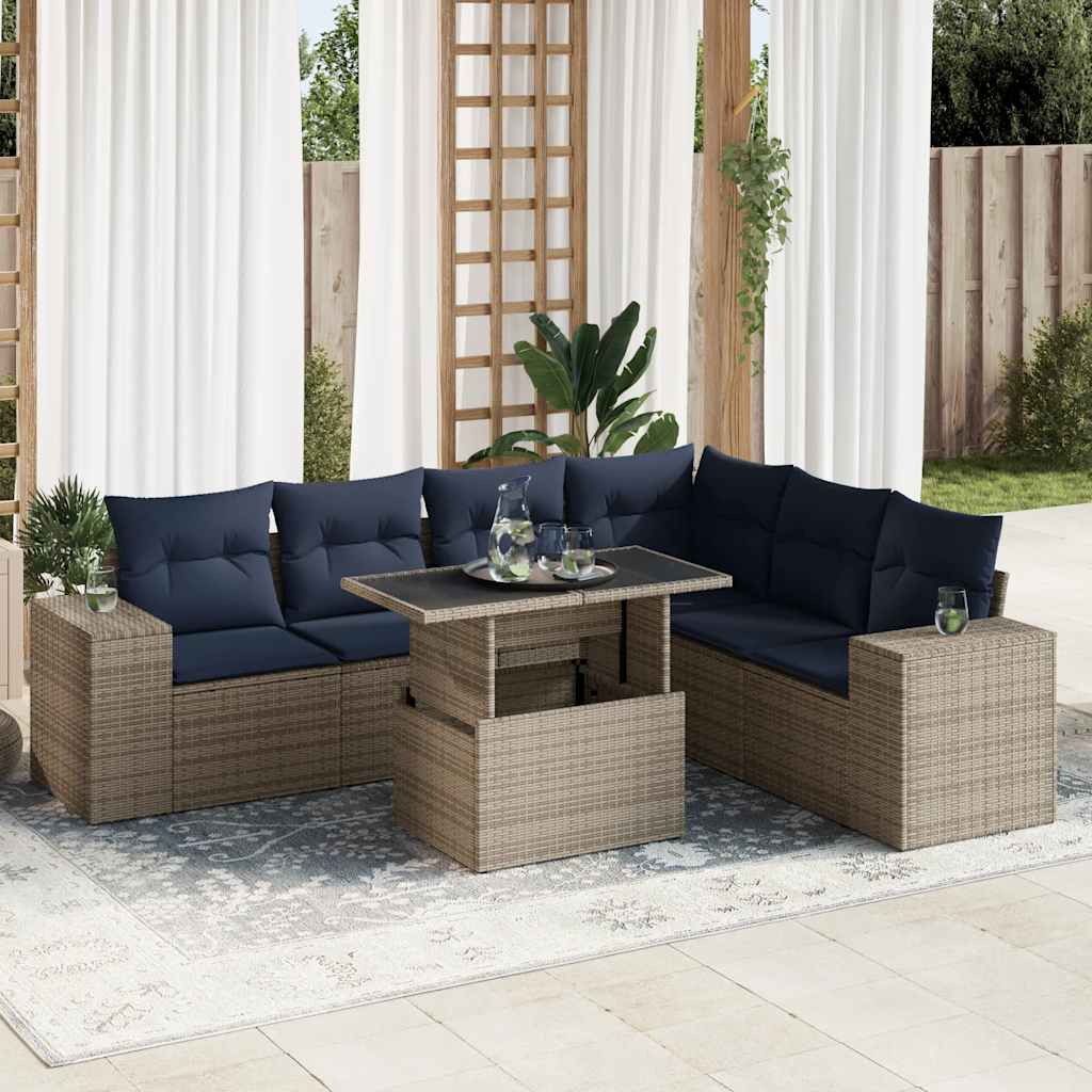 7 részes szürke polyrattan akácfa kerti ülőgarnitúra párnákkal