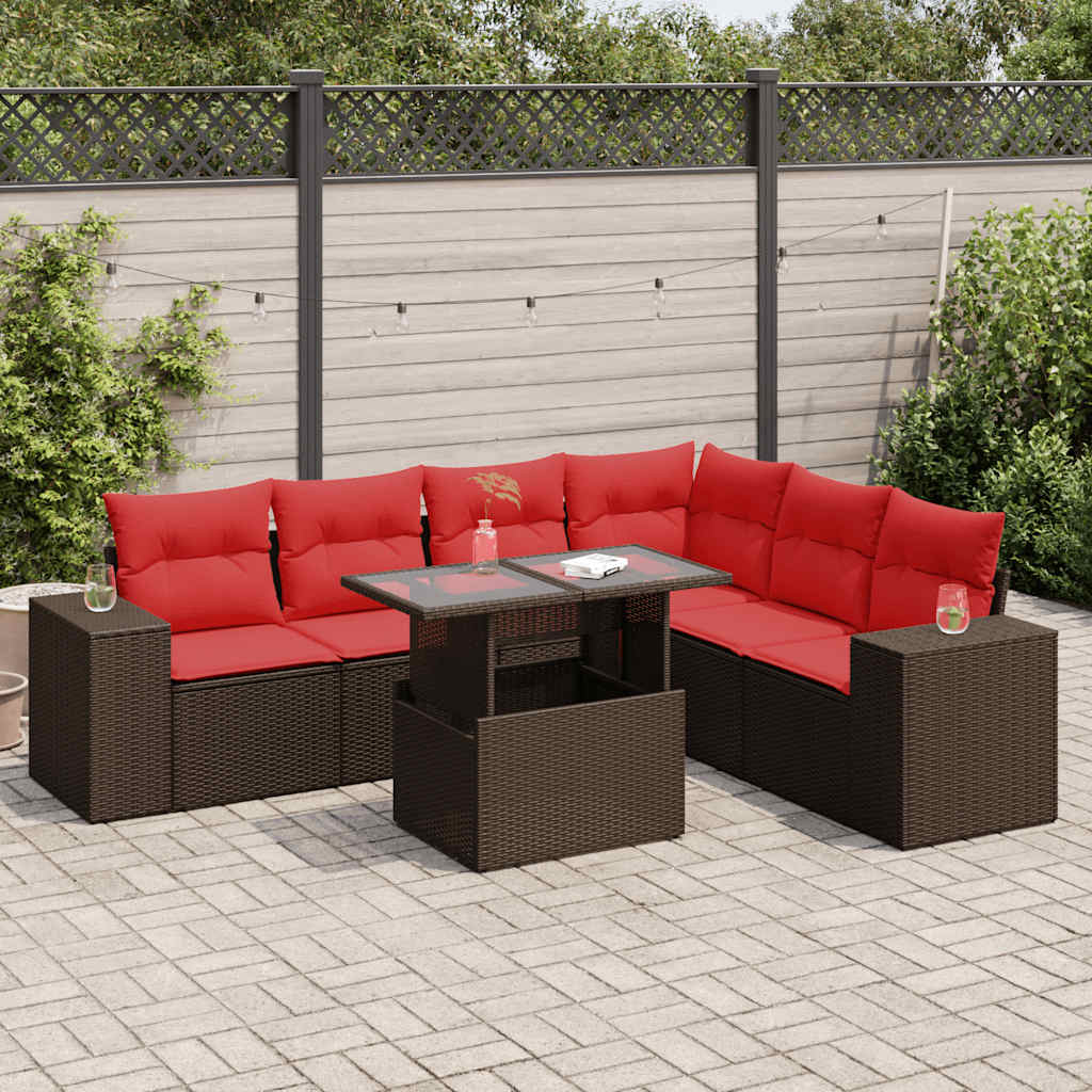 7 részes barna polyrattan akácfa kerti ülőgarnitúra párnákkal