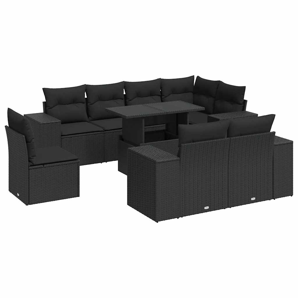9 részes fekete polyrattan kerti ülőgarnitúra párnákkal