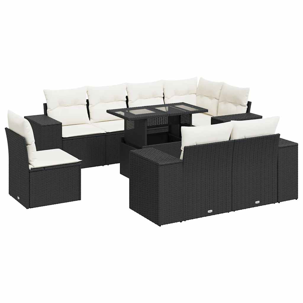 9 részes fekete polyrattan kerti ülőgarnitúra párnákkal