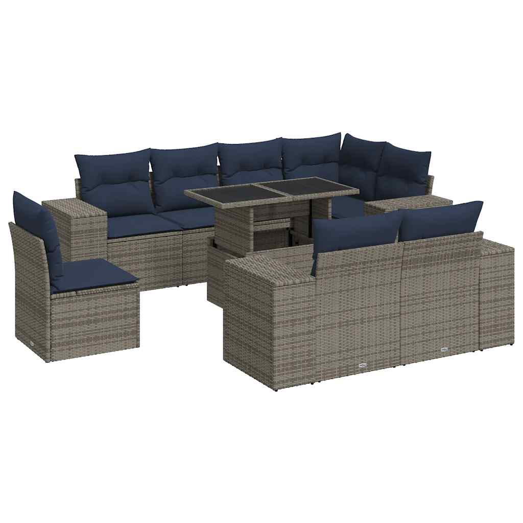 9 részes szürke polyrattan akácfa kerti ülőgarnitúra párnákkal