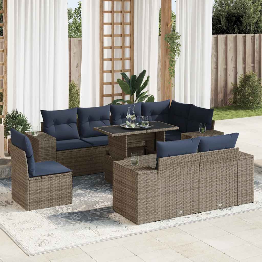 9 részes szürke polyrattan akácfa kerti ülőgarnitúra párnákkal