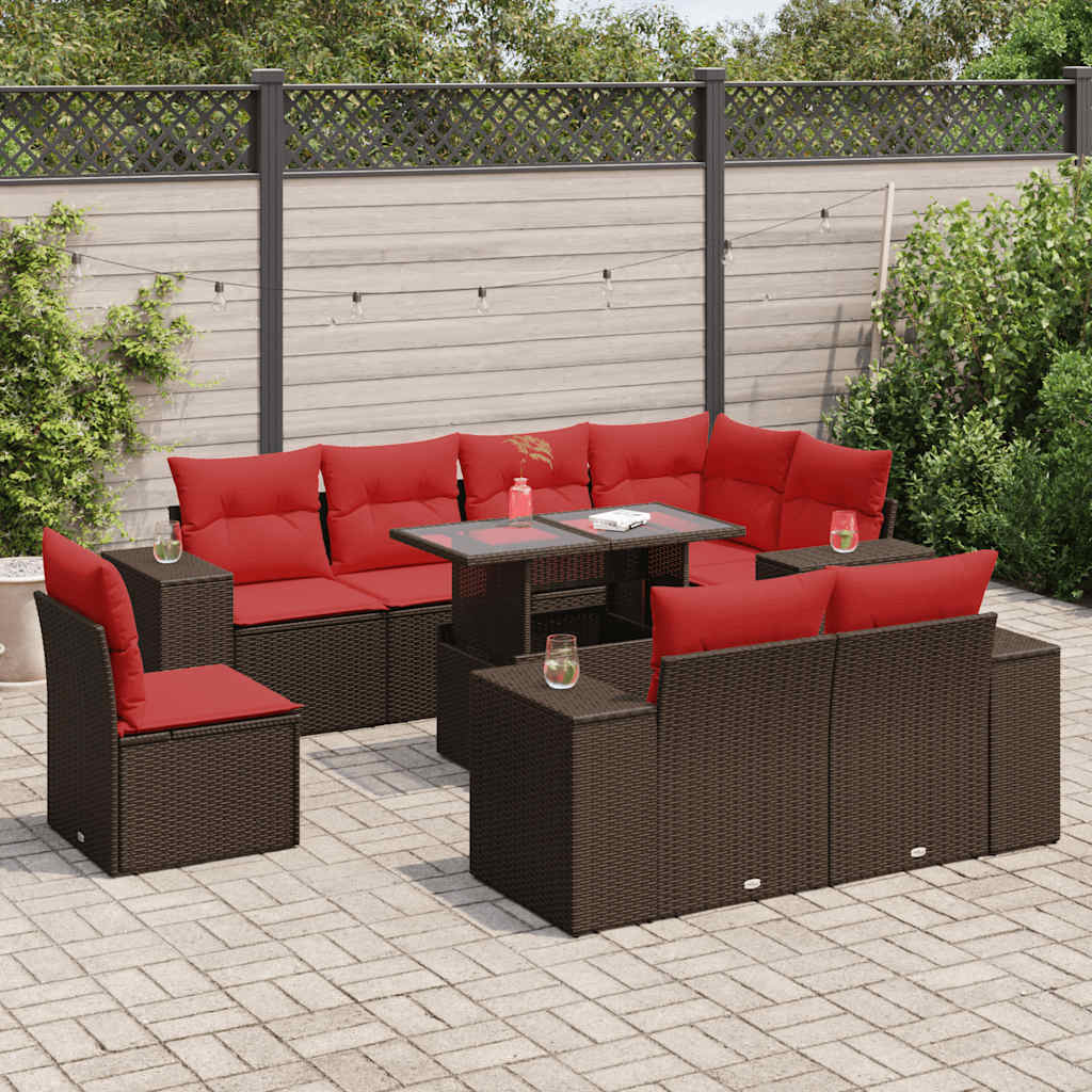 9 részes barna polyrattan akácfa kerti ülőgarnitúra párnákkal