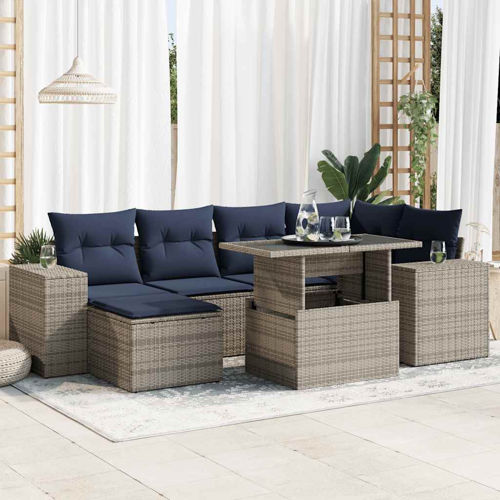 9 részes szürke polyrattan akácfa kerti ülőgarnitúra párnákkal
