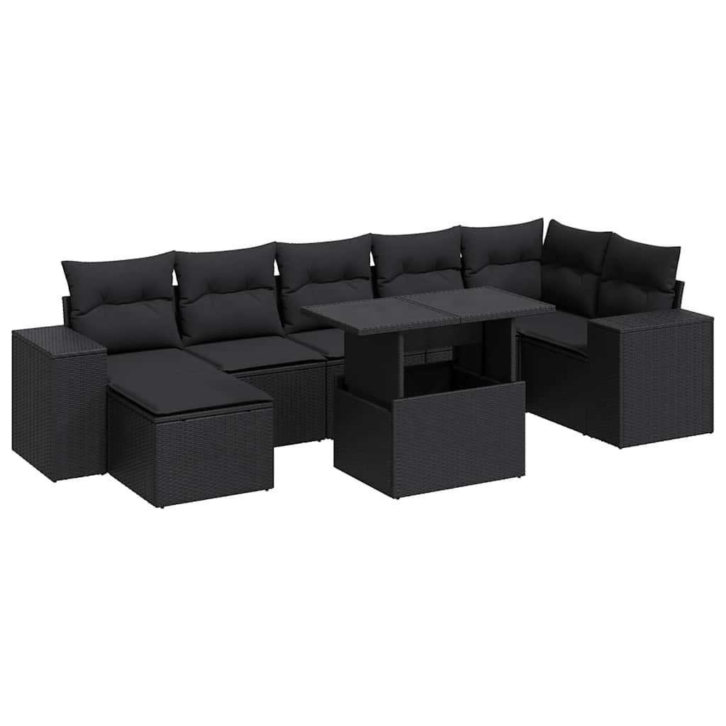 8 részes fekete polyrattan kerti ülőgarnitúra párnákkal