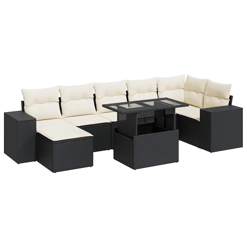 8 részes fekete polyrattan kerti ülőgarnitúra párnákkal