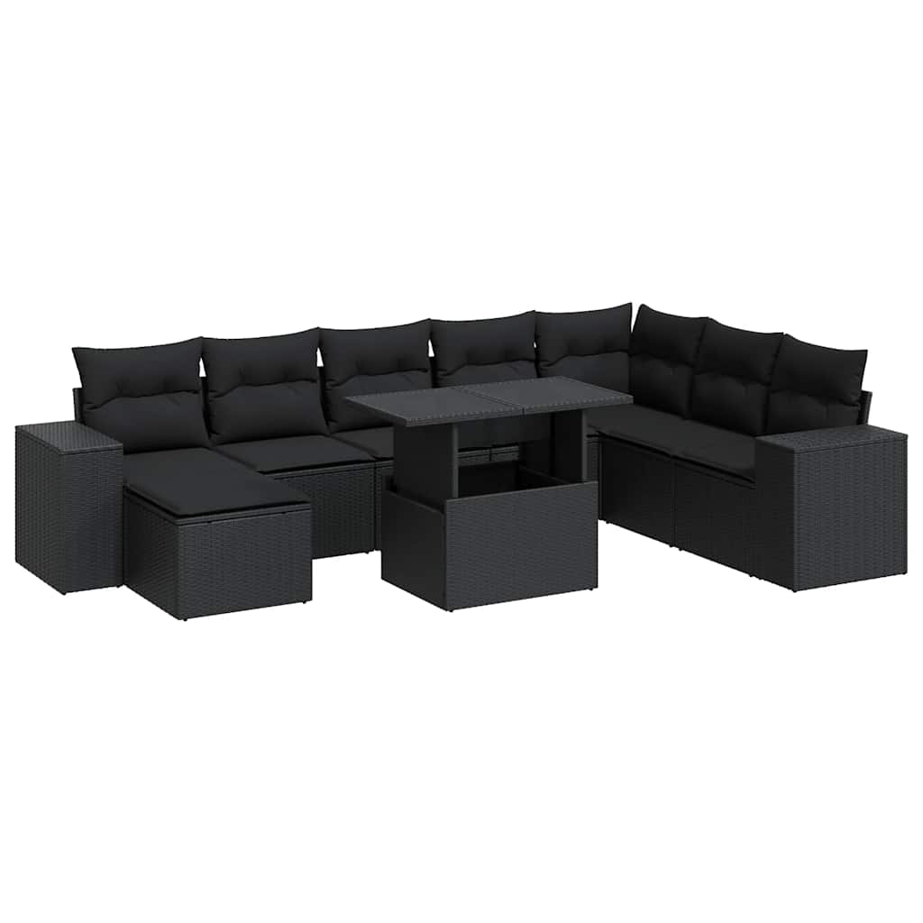 9 részes fekete polyrattan kerti ülőgarnitúra párnákkal