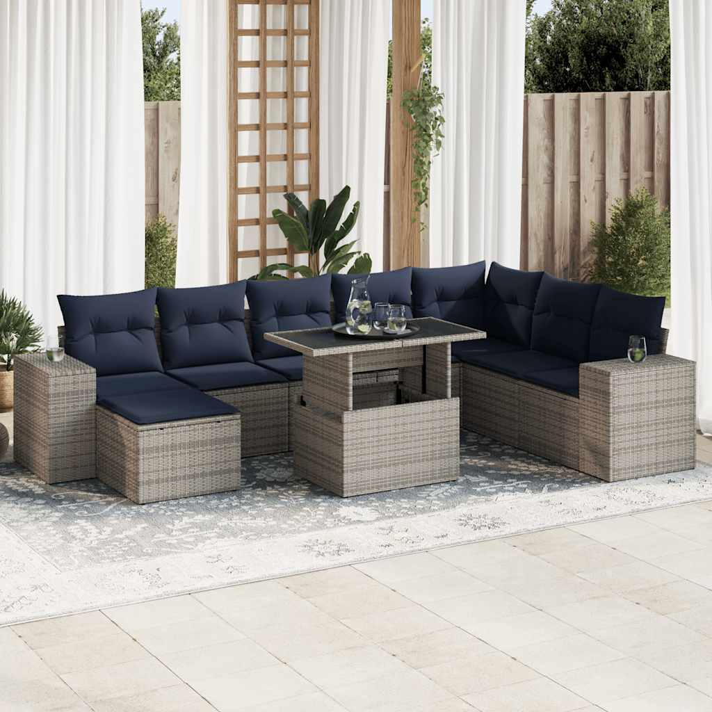 9 részes szürke polyrattan akácfa kerti ülőgarnitúra párnákkal