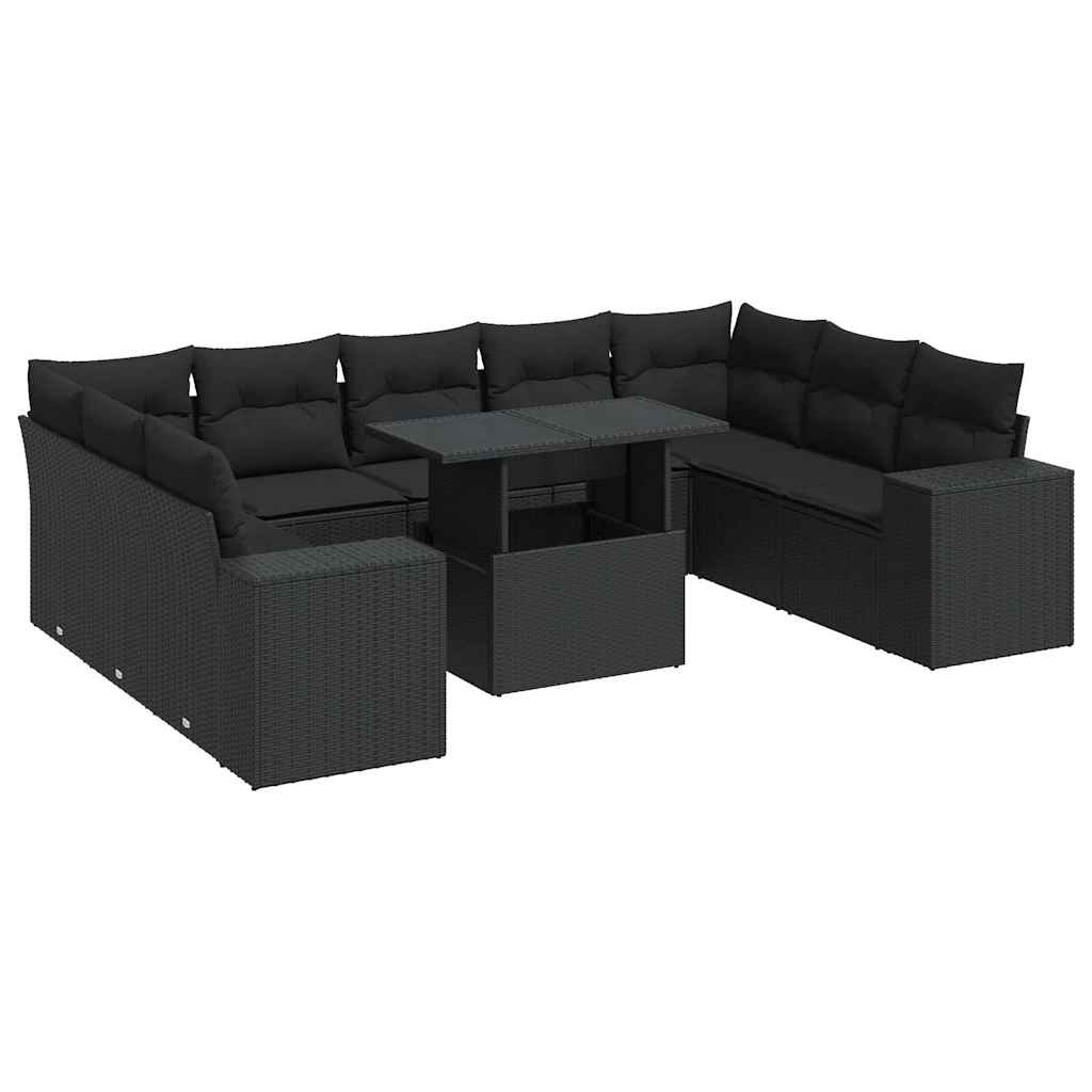 10 részes fekete polyrattan kerti ülőgarnitúra párnákkal