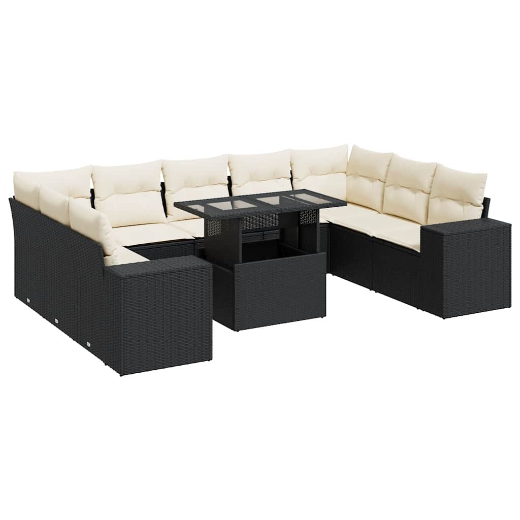 10 részes fekete polyrattan kerti ülőgarnitúra párnákkal