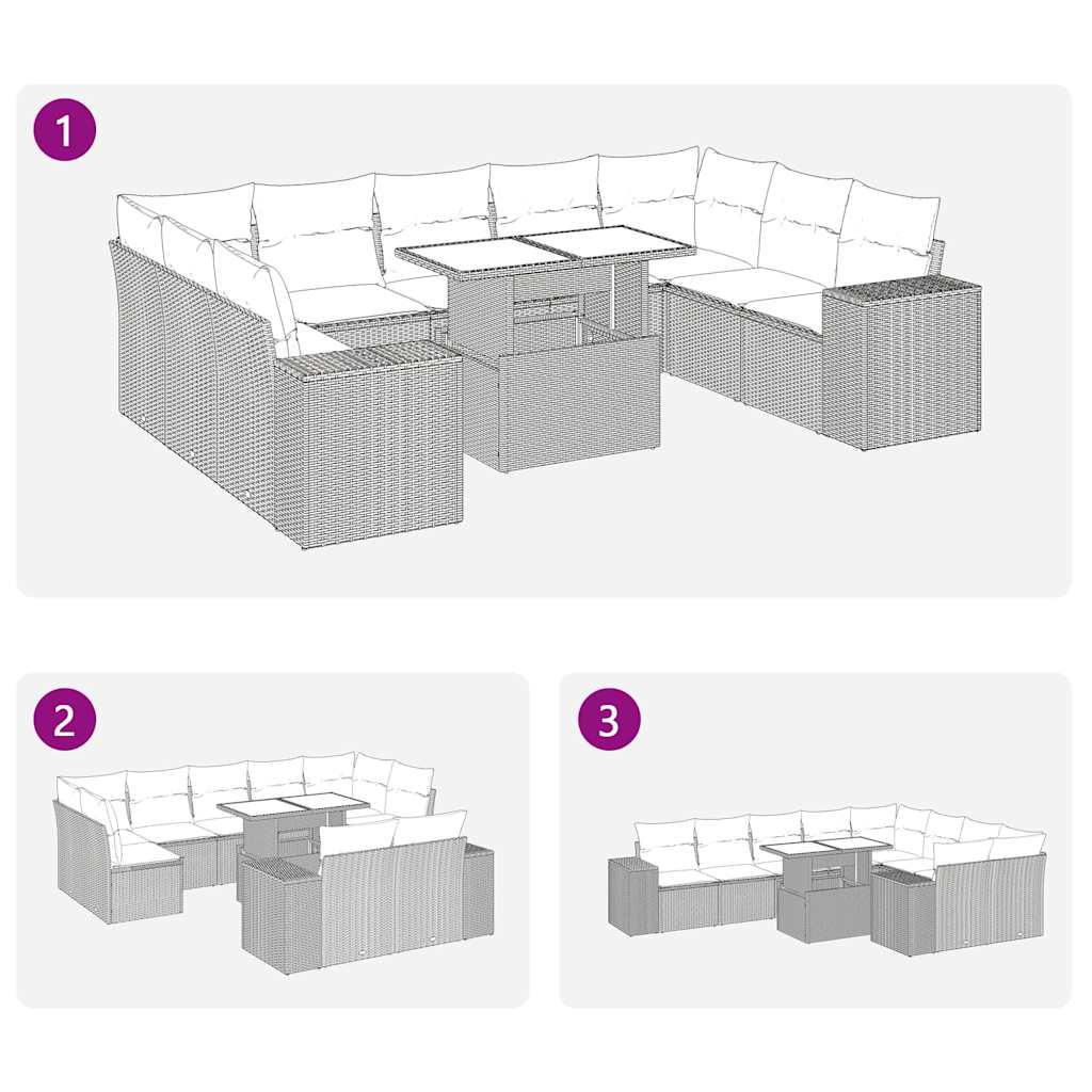 10 részes fekete polyrattan kerti ülőgarnitúra párnákkal