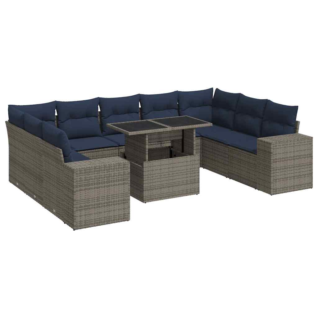 10 részes szürke polyrattan akácfa kerti ülőgarnitúra párnákkal