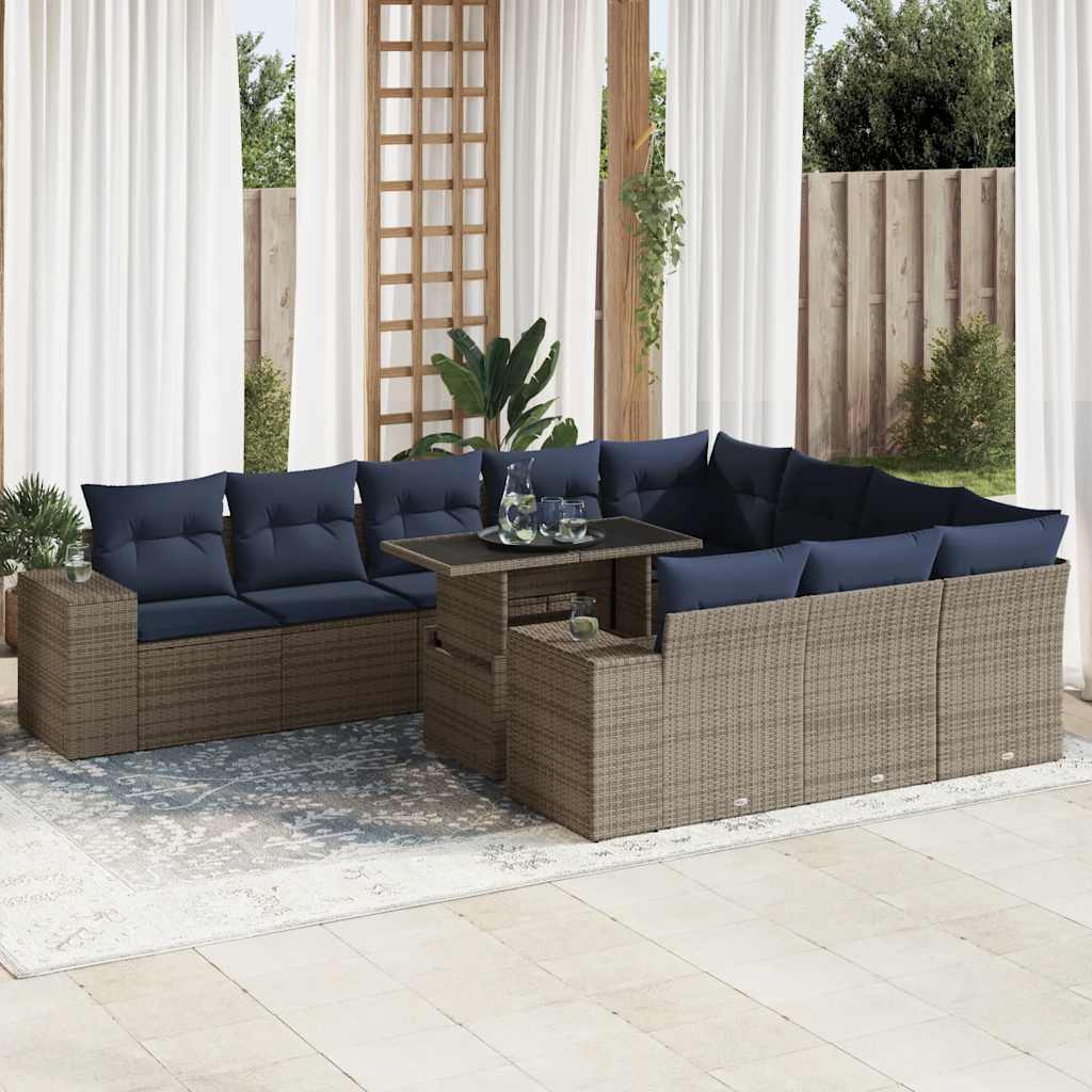 11 részes szürke polyrattan akácfa kerti ülőgarnitúra párnákkal
