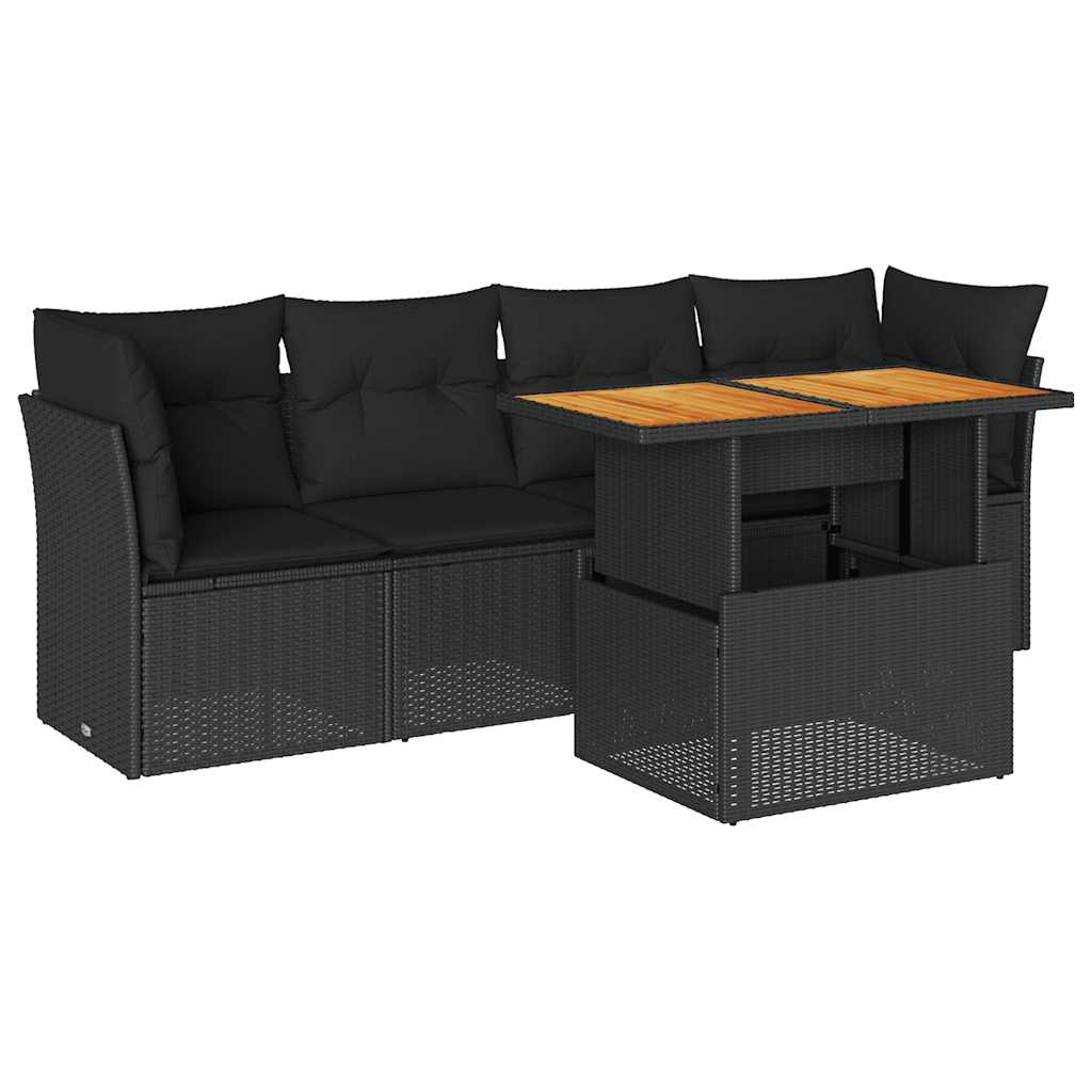 5 részes fekete polyrattan kerti kanapészett párnákkal