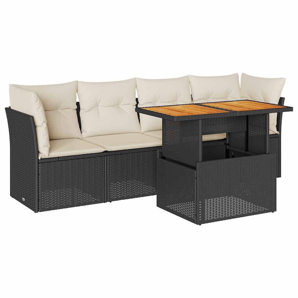 5 részes fekete polyrattan kerti kanapészett párnákkal