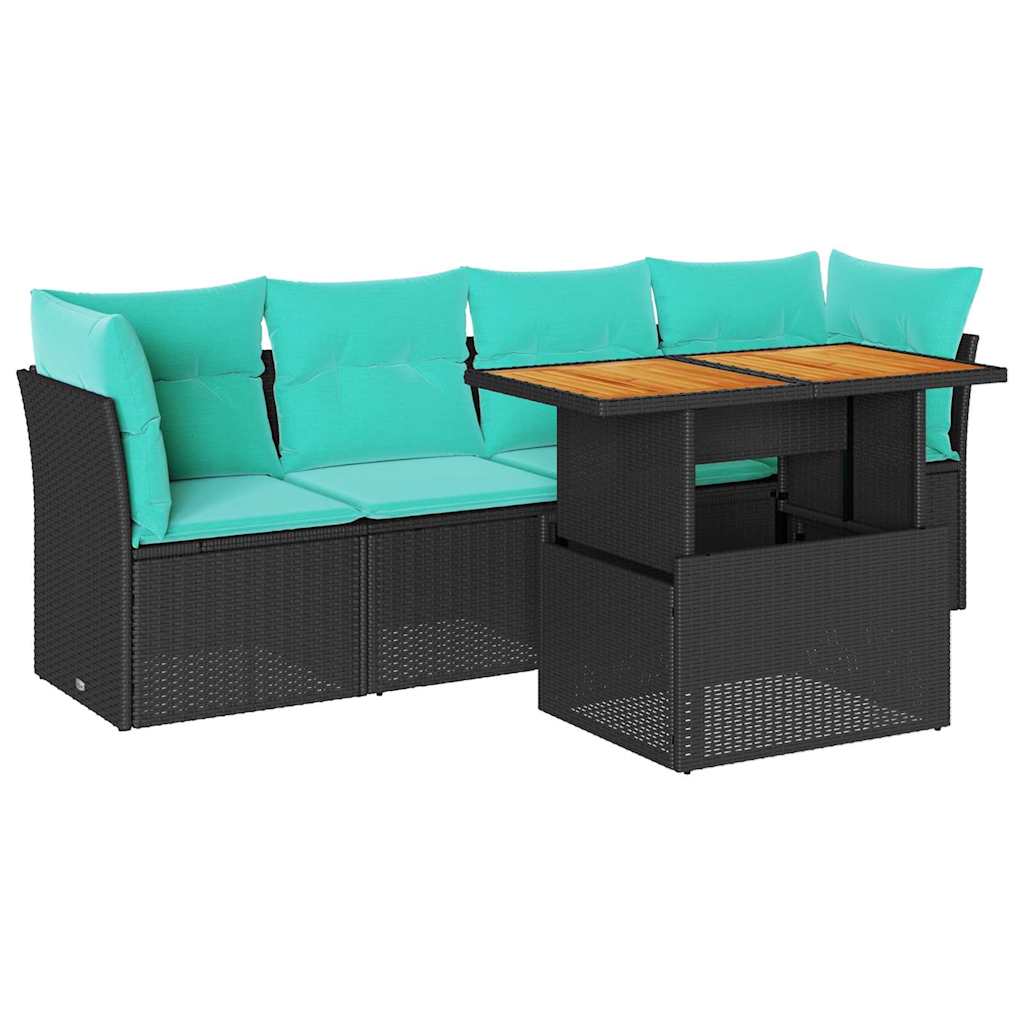 5 részes fekete polyrattan kerti kanapészett párnákkal