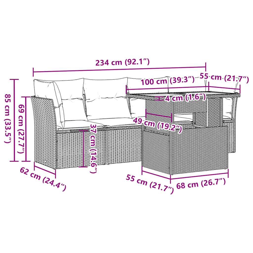 5 részes fekete polyrattan kerti kanapészett párnákkal