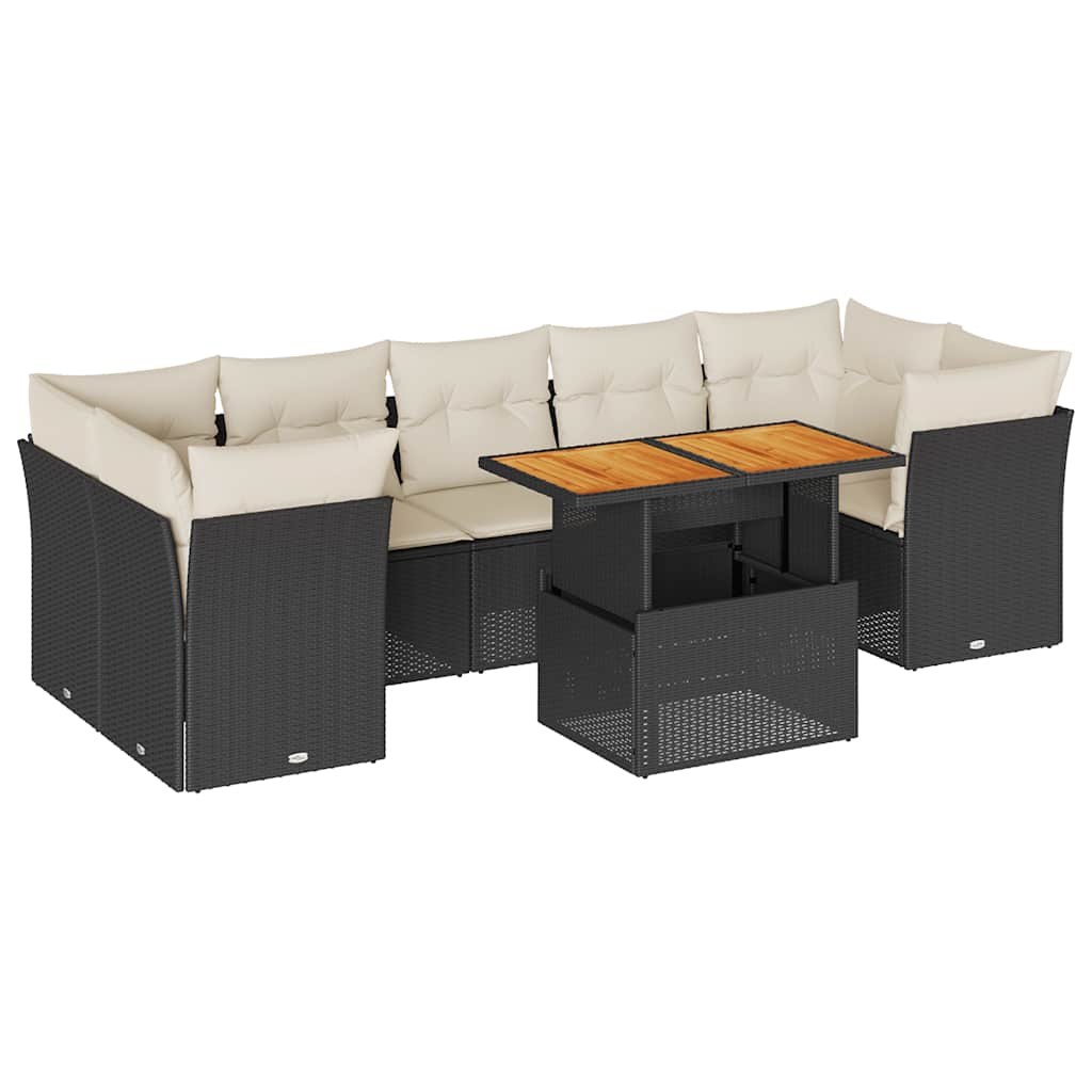 8 részes fekete polyrattan kerti ülőgarnitúra párnákkal