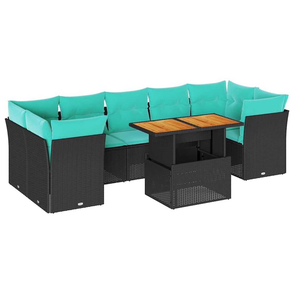 8 részes fekete polyrattan kerti ülőgarnitúra párnákkal