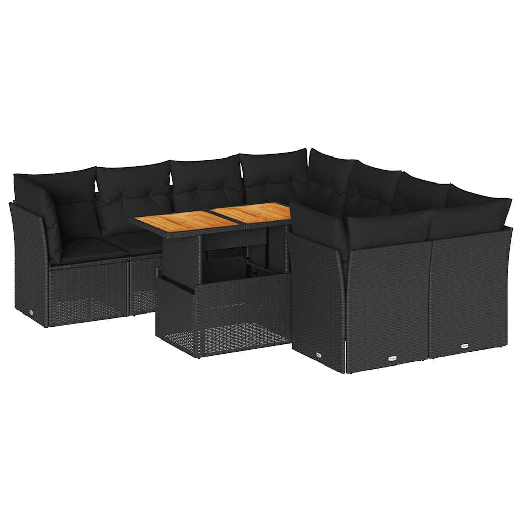 9 részes fekete polyrattan kerti ülőgarnitúra párnákkal