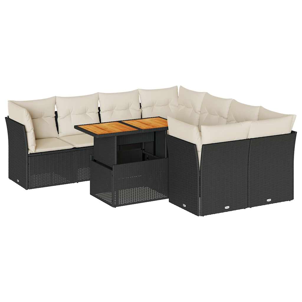 9 részes fekete polyrattan kerti ülőgarnitúra párnákkal