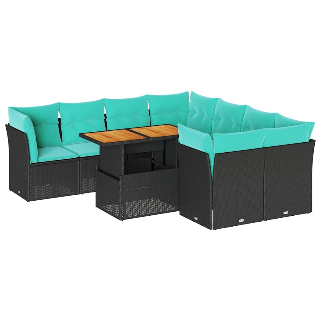 9 részes fekete polyrattan kerti ülőgarnitúra párnákkal