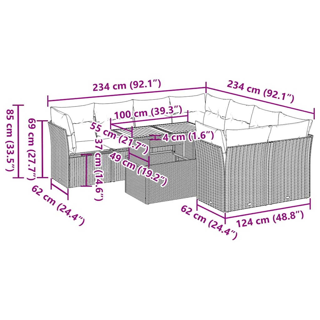 9 részes fekete polyrattan kerti ülőgarnitúra párnákkal