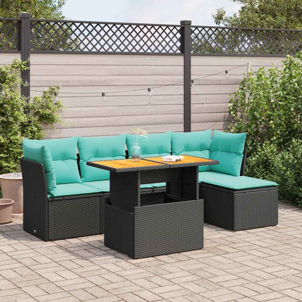 6 részes fekete polyrattan kerti ülőgarnitúra párnákkal