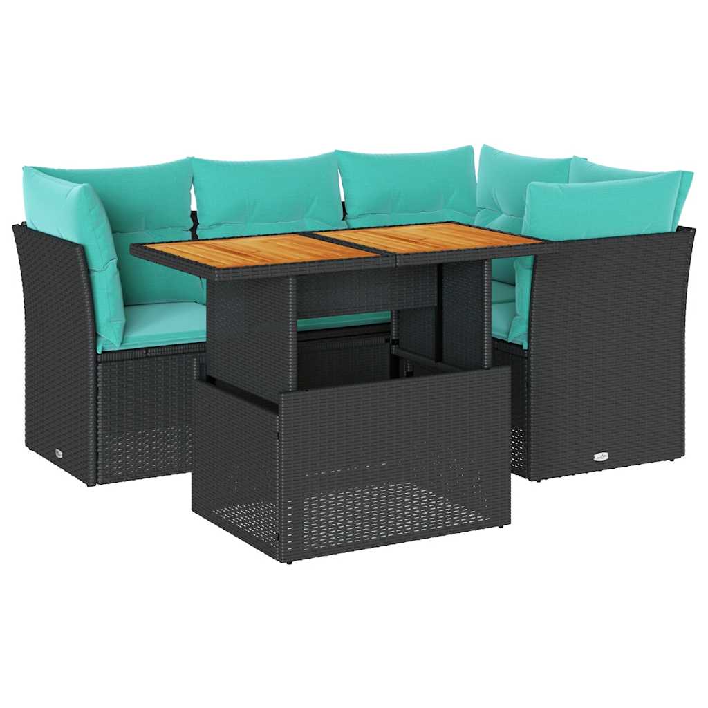 5 részes fekete polyrattan kerti kanapészett párnákkal