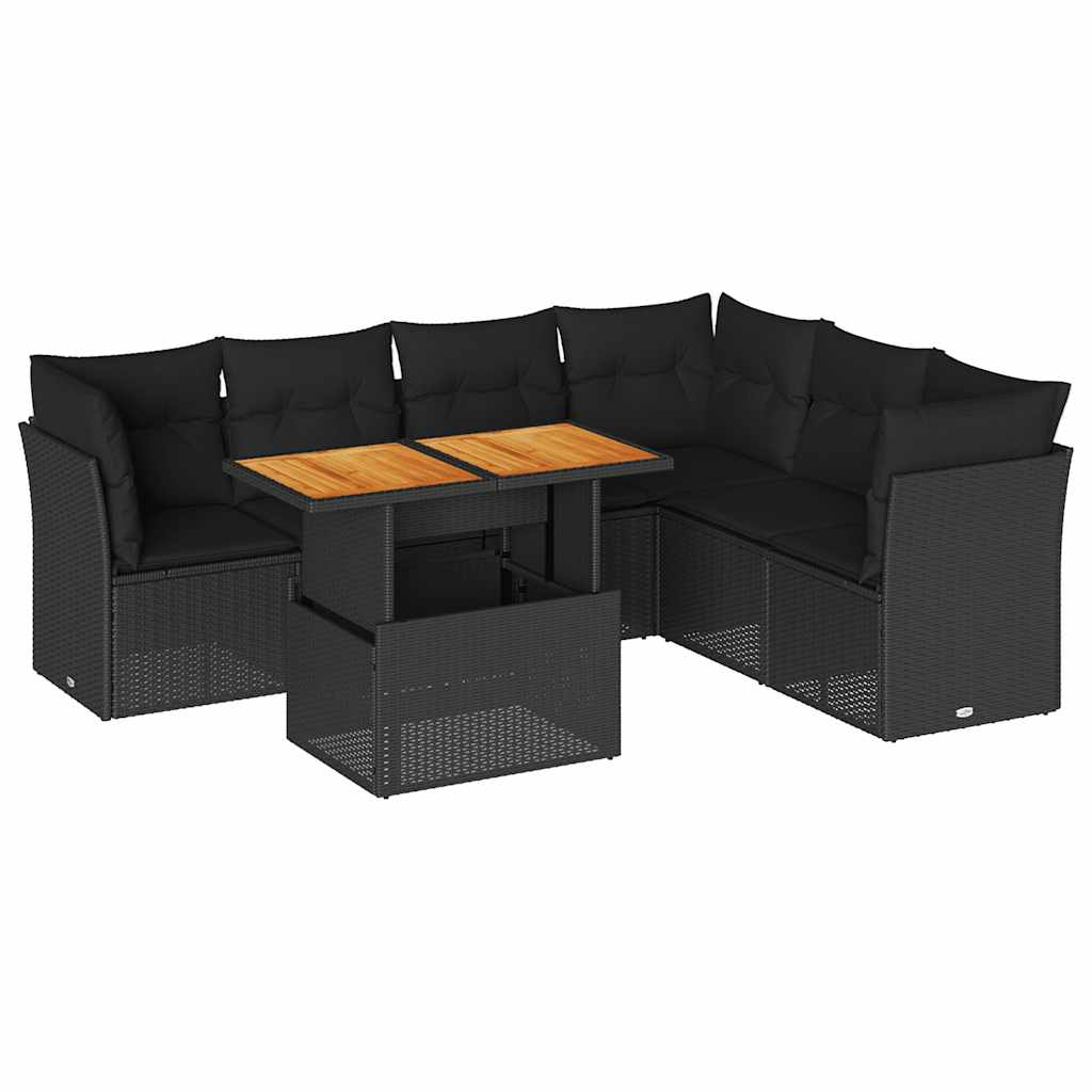 7 részes fekete polyrattan kerti ülőgarnitúra párnával