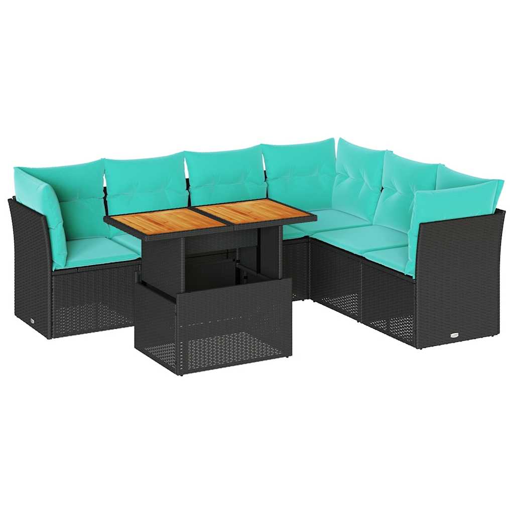 7 részes fekete polyrattan kerti ülőgarnitúra párnával