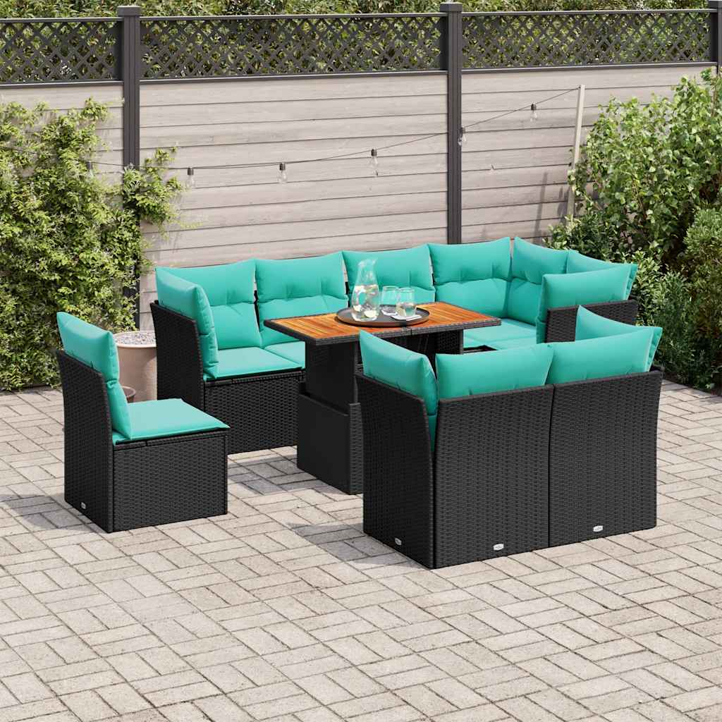 9 részes fekete polyrattan kerti ülőgarnitúra párnákkal
