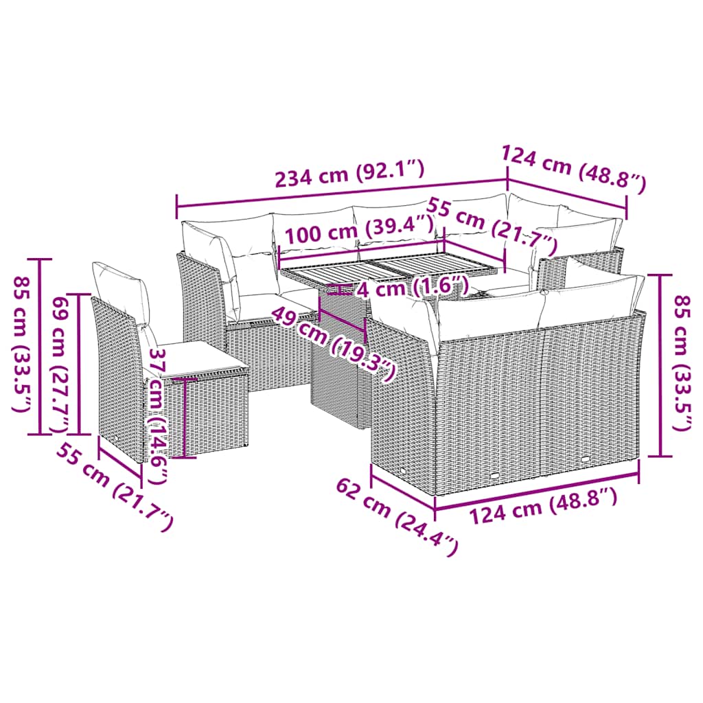 9 részes szürke polyrattan kerti ülőgarnitúra párnákkal
