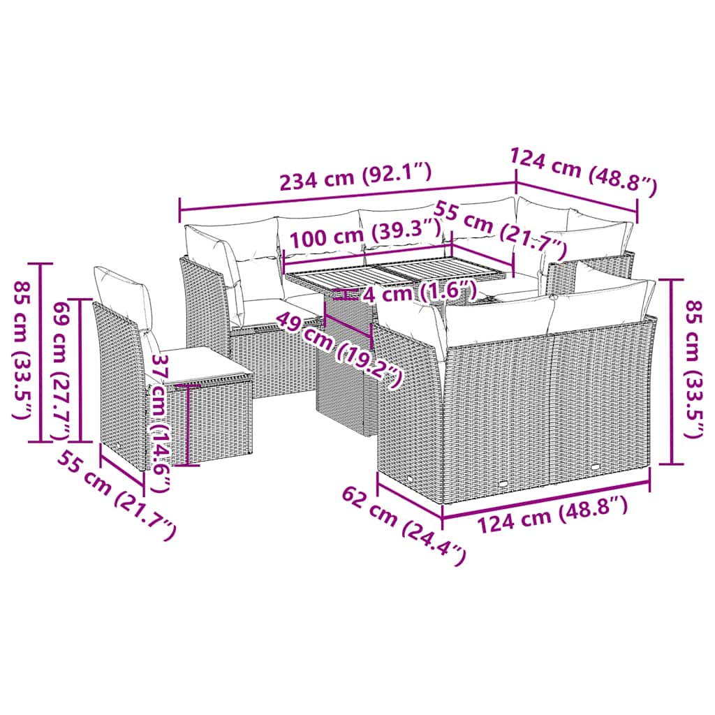 9 részes szürke polyrattan kerti ülőgarnitúra párnákkal