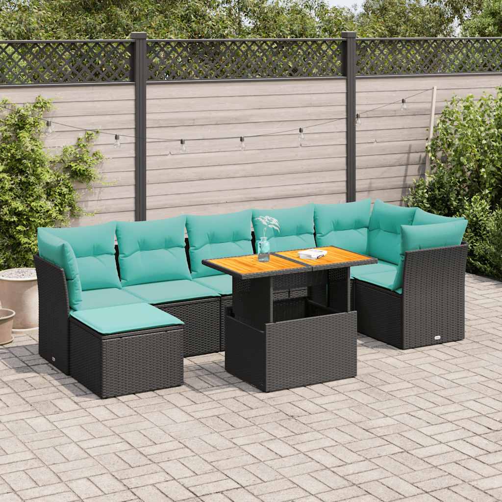 8 részes fekete polyrattan kerti ülőgarnitúra párnákkal