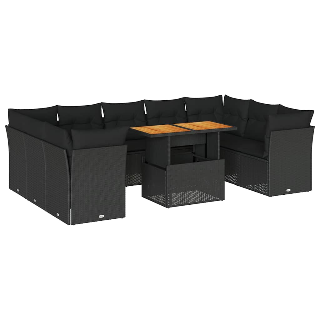 10 részes fekete polyrattan kerti ülőgarnitúra párnákkal