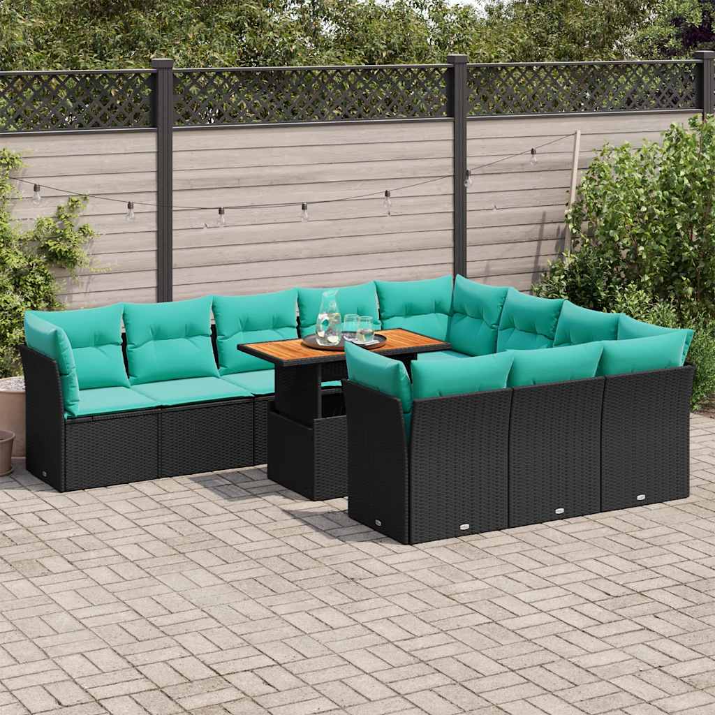 11 részes fekete polyrattan kerti ülőgarnitúra párnákkal
