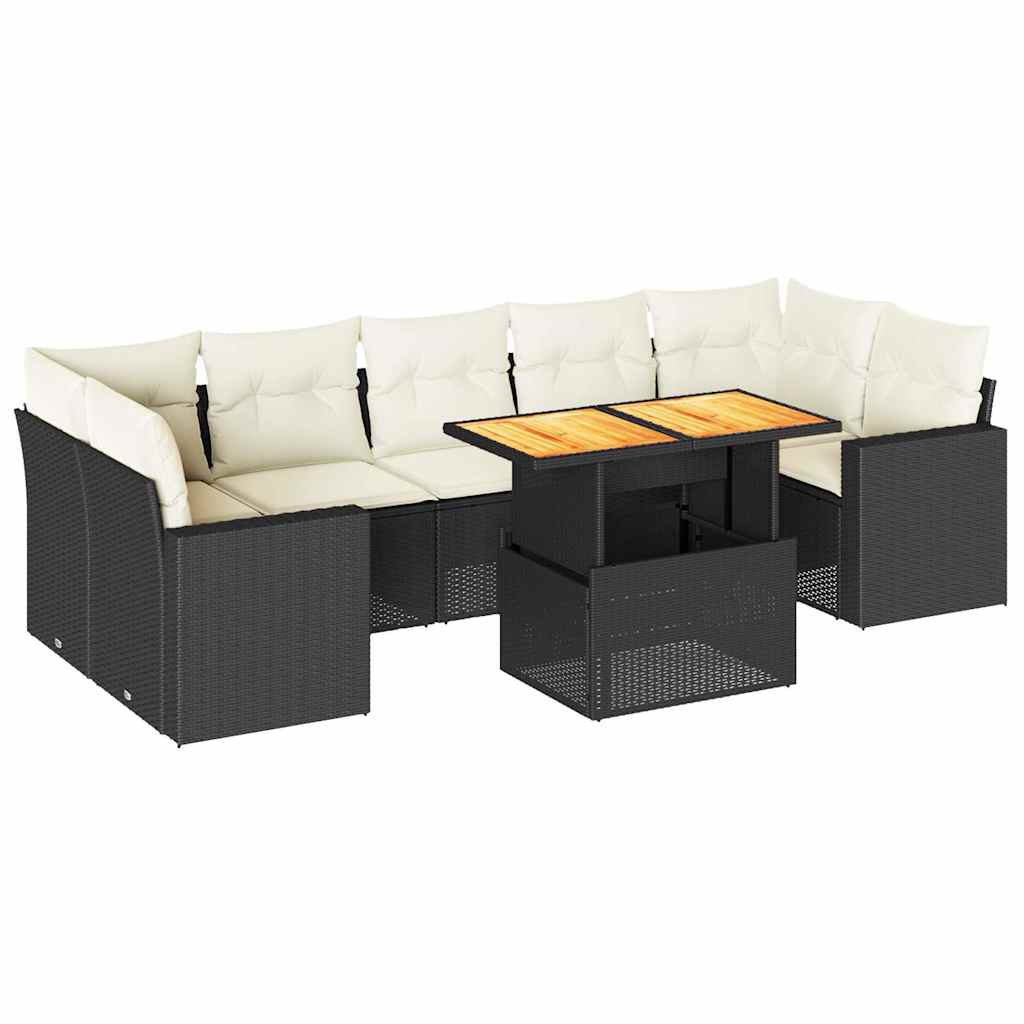 8 részes fekete polyrattan kerti ülőgarnitúra párnákkal