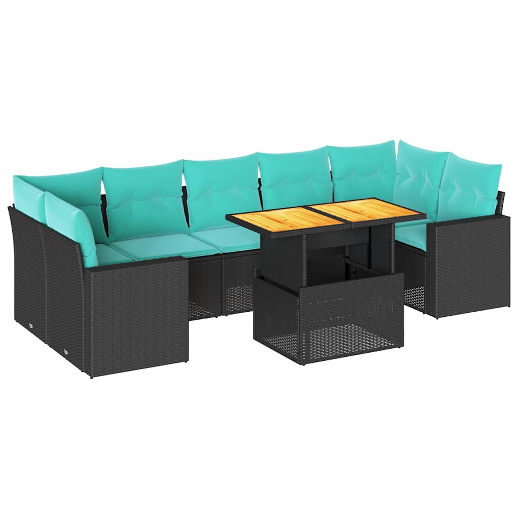 8 részes fekete polyrattan kerti ülőgarnitúra párnákkal