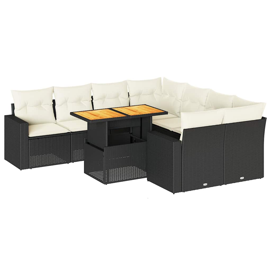 9 részes fekete polyrattan kerti ülőgarnitúra párnákkal