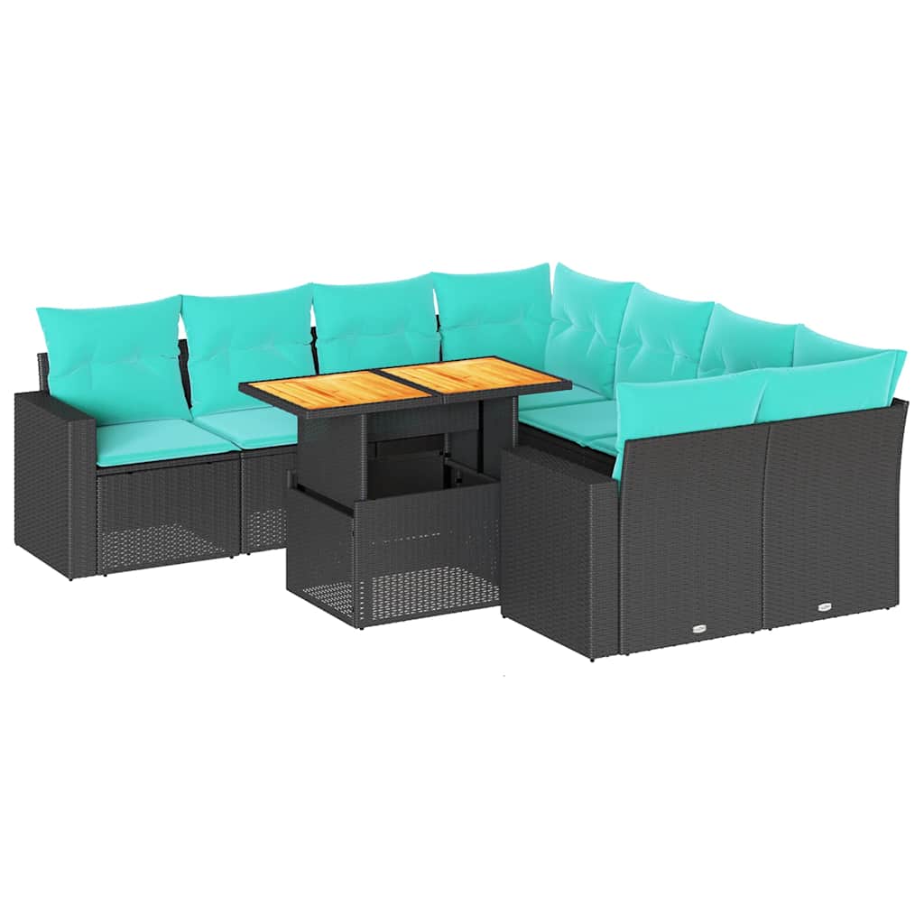9 részes fekete polyrattan kerti ülőgarnitúra párnákkal