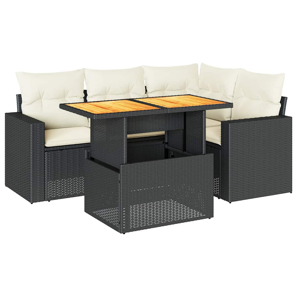 5 részes fekete polyrattan kerti kanapészett párnákkal