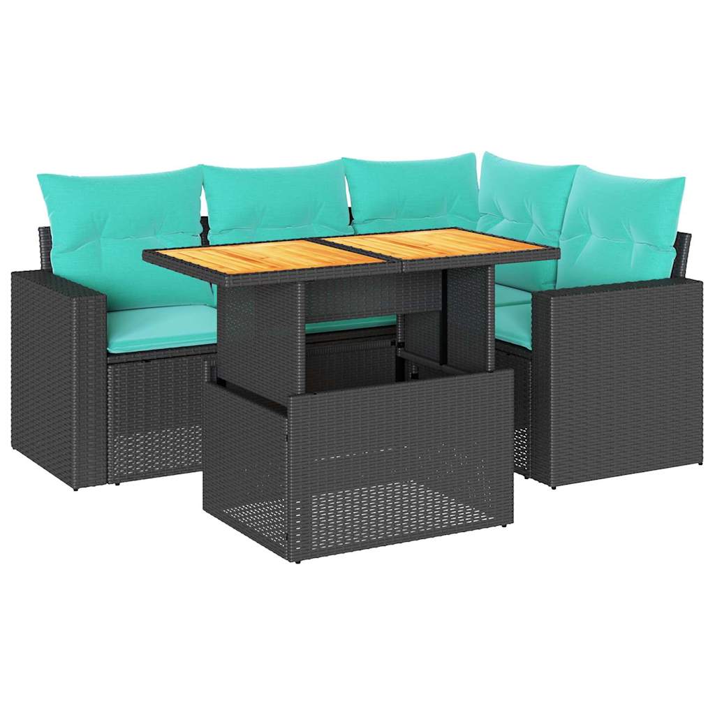 5 részes fekete polyrattan kerti kanapészett párnákkal