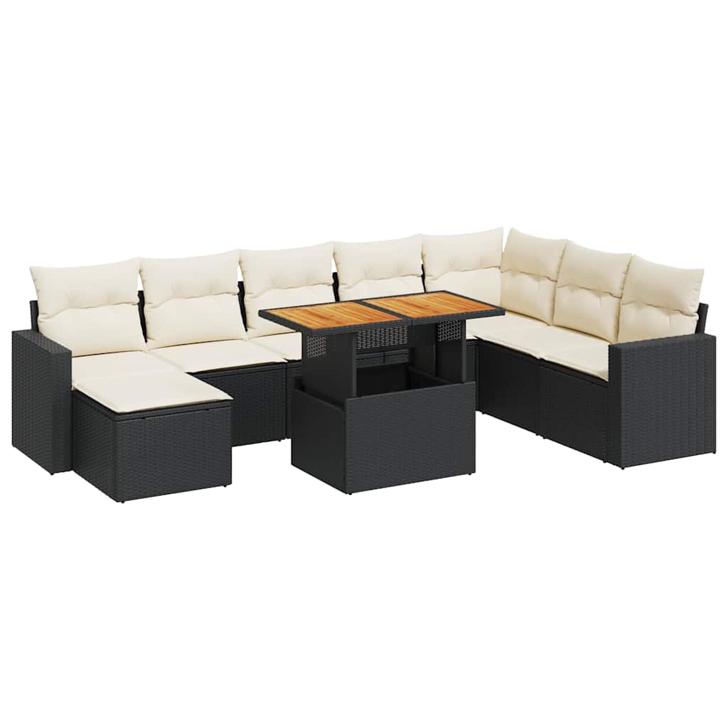 9 részes fekete polyrattan kerti ülőgarnitúra párnákkal