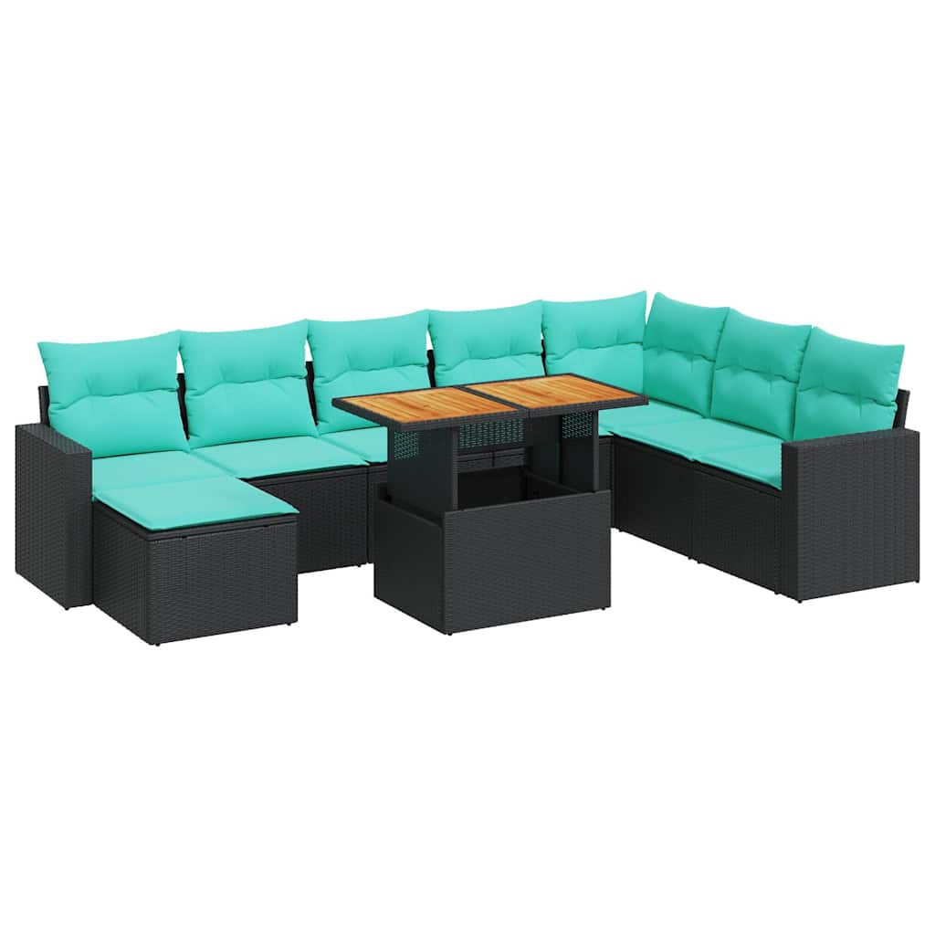 9 részes fekete polyrattan kerti ülőgarnitúra párnákkal