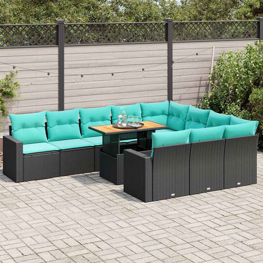 11 részes fekete polyrattan kerti ülőgarnitúra párnákkal