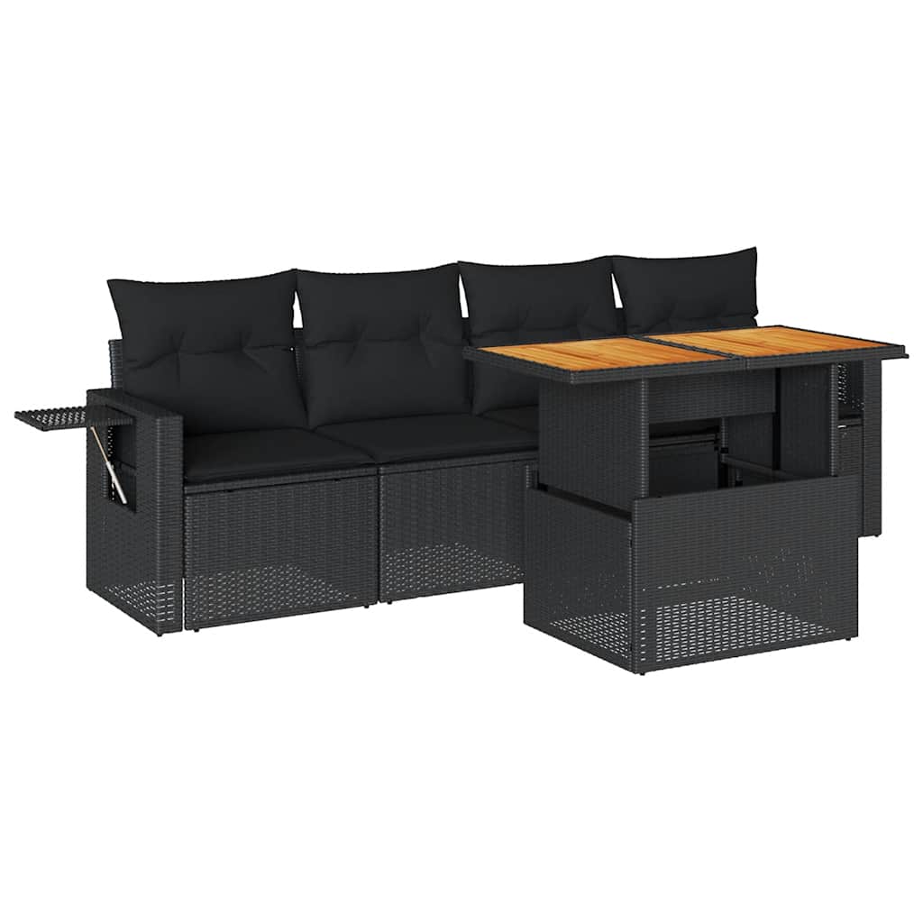 5 részes fekete polyrattan kerti kanapészett párnákkal