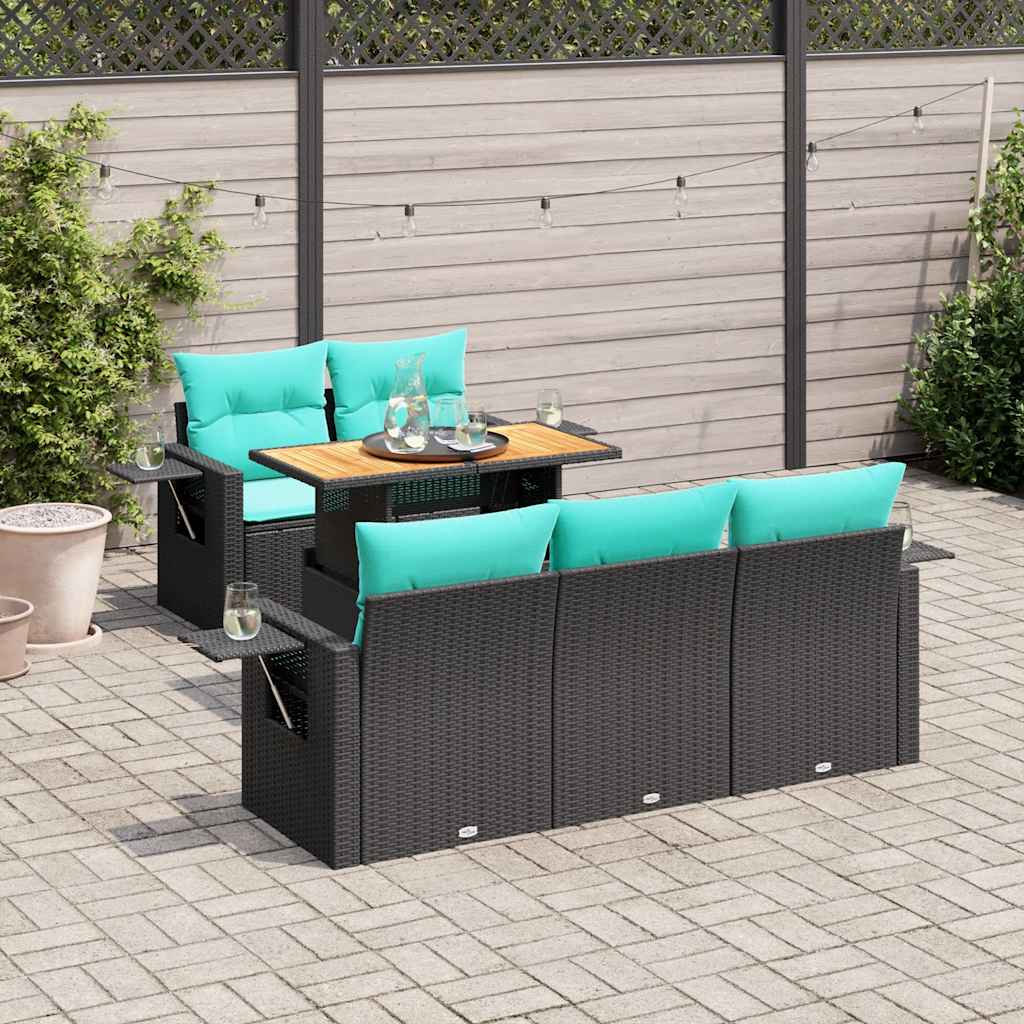 6 részes fekete polyrattan kerti ülőgarnitúra párnákkal